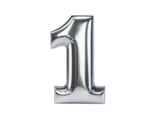 Shiny silver number one with reflective metallic surface isolated on transparent background PNG