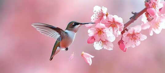 Naklejka premium Stunning Ruby Throated Hummingbird Gracefully Flying Among Cherry Blossoms in Springtime Beauty
