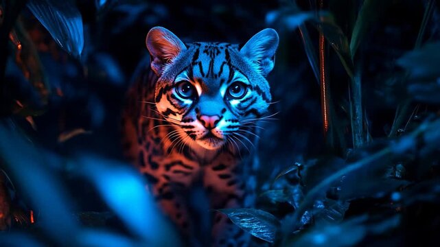 In the heart of the jungle as dusk falls, a magnificent wildcat appears, showcasing its mesmerizing features under the glow of twilight. Natures beauty unfolds in serene mystery.