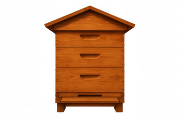 Realistic wooden beehive with honeycombs and entrance on a transparent background, ideal for agricultural and nature-themed designs