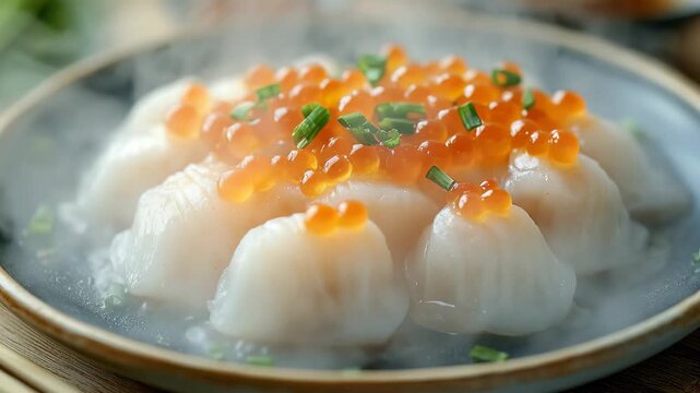 A beautifully arranged plate of delicate dumplings is topped with bright orange roe and fresh herbs in an inviting Asian eatery. The atmosphere is warm and vibrant as patrons enjoy their meals.