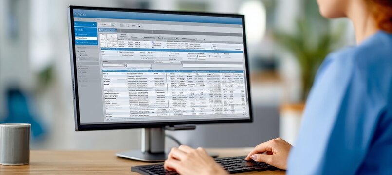 Nurse Focused on Patient Care, Typing and Reviewing Medical Records on Computer in Clinic Setting