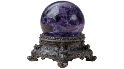 Crystal ball with swirling purple mist inside, mystical fortune telling object isolated on transparent background