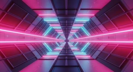 Abstract futuristic tunnel with neon lights creating a sense of depth and perspective