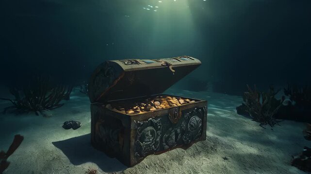 An ancient chest with gold at the bottom of the ocean