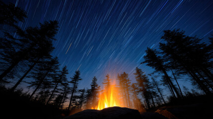 Indigenous people gather around campfire in forest under sky filled with star trails creating peaceful and magical atmosphere