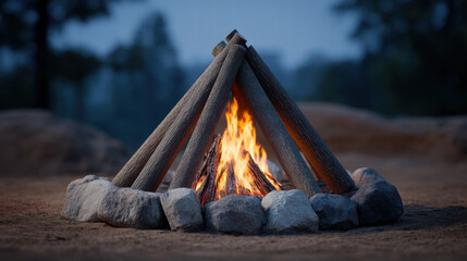 Indigenous campfire in forest glows warmly with stacked logs and stones creating peaceful outdoor atmosphere at dusk
