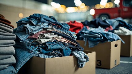 Large pile of secondhand clothes stacked in cardboard boxes at outdoor market with colorful assorted fabric garments