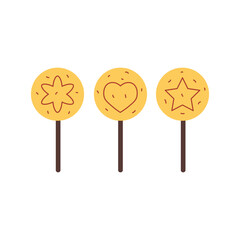 Dalgona Korean Candy Set. Hand drawn sweet Asian popular street snack. Retro food dessert on stick. Flat style vector illustration
