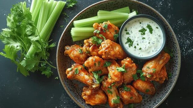 Succulent chicken wings glisten with spicy sauce, surrounded by crisp celery sticks and a rich, creamy dip in a warm, inviting kitchen atmosphere perfect for gatherings.