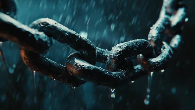 Heavy metal chain dripping water in the rain at night