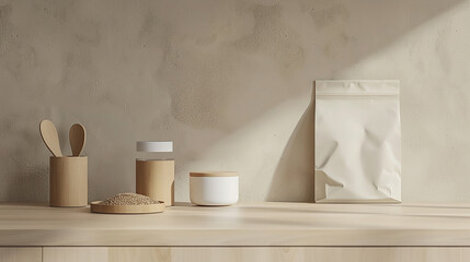 A warm minimalist kitchen scene with natural light, featuring wooden utensils in a ceramic holder, eco-friendly paper packaging, glass jars, and neatly stacked cookies, creating a cozy, sustainable, a