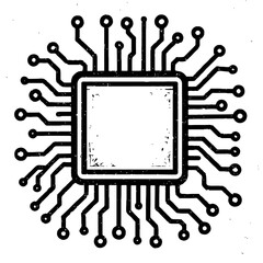 Distressed Black and White Blank Computer Chip Icon. Grunge Style Vector Art of an Integrated Circuit.