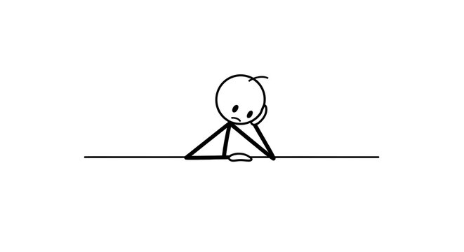Depressed Stick Figure Leaning on Desk with Sad Expression in Black and White