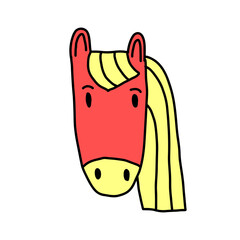 Red horse head face, hand drawn illustration, Chinese zodiac year, cute pony christmas character, animals for print, sticker, New year 2026