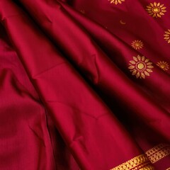 Obraz premium Traditional red silk saree with gold embroidery design and texture 