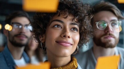 Brainstorming Session: Collaborative close-up showcasing a group of diverse business professionals deep in thought, engaging in an interactive idea exchange on a transparent surface.