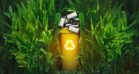 Yellow trash can arrow symbol recycling responsibility to reduce waste and pollution, eco-friendly concept, technology, mobile
