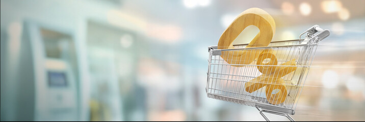 "Zero percent wooden symbol in shopping cart on bank background, loan, finance, zero interest purchase and banking transaction concept"