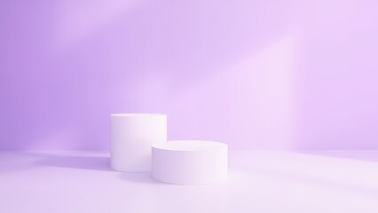 Illustration of two white cylinder podiums on a pastel purple background with light and shadow effects