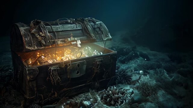 An ancient chest with gold at the bottom of the ocean
