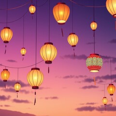 Obraz premium Colorful lanterns hanging in twilight sky for Diwali celebration 