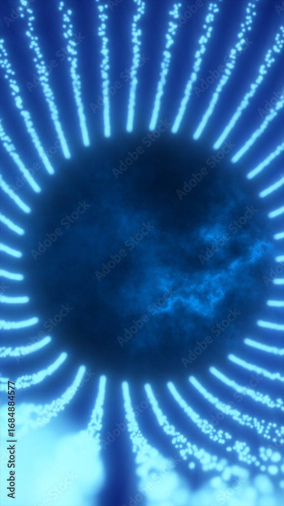 Wall mural blue energy field with radial glowing streams emanating from a dark circular core, resembling a data