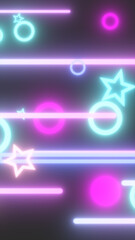 Neon glowing stars, rings, and bars on a dark background with a retro futuristic vibe