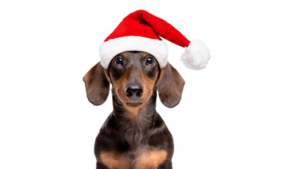 Cute dachshund dog wearing christmas santa claus hat on white background