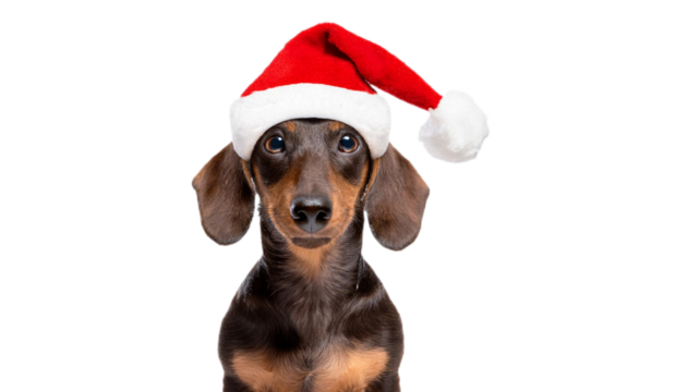 Cute dachshund dog wearing christmas santa claus hat on white background
