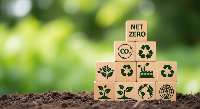 Wooden blocks with net zero and sustainability symbols on soil against green background - Powered by Adobe