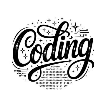 Creative design showcasing the word coding with binary numbers and decorative elements representing technology and innovation