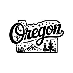 Artistic design featuring the word Oregon with stars and mountains in a creative style represented on a canvas