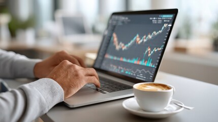 Analyzing Data: A close-up shot of a person meticulously studying real-time data charts displayed on a laptop screen, complemented by a steaming cup of coffee, embodying the essence of modern work.