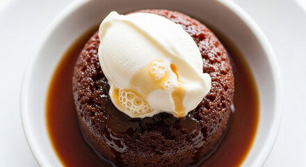 Close-up shot of a delicious chocolate lava cake with vanilla ice cream and caramel sauce.