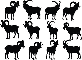 Mountain goat silhouette vector set, wild ram and ibex animal shapes for wildlife, nature, hunting, outdoor, and design projects