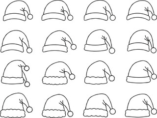 Santa hat outline vector collection, Christmas holiday hats in black and white, festive clipart for winter crafts, decor, and design