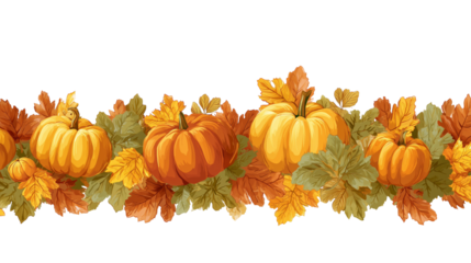 Pumpkins and autumn leaves garland, seamless pattern border isolated on transparent background. Horizontal border for design, decoration, or wallpaper template in the autumn season or halloween.