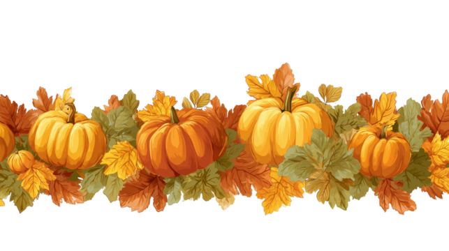 Pumpkins and autumn leaves garland, seamless pattern border isolated on transparent background. Horizontal border for design, decoration, or wallpaper template in the autumn season or halloween.