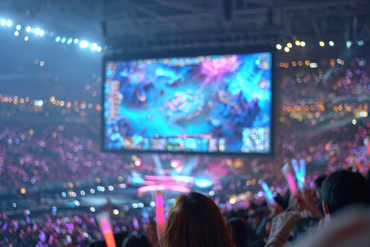A crowd of enthusiastic esports fans cheers in an arena, with glowing light sticks in hand, focused on a large screen showcasing an intense gaming battle - Powered by Adobe