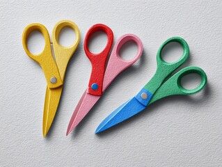 Colorful scissors arranged in a row on a textured surface suitable for crafting and school projects