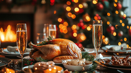 Baked chicken in the center of the festive table stands against the background of a decorated Christmas tree - Christmas and New Year concept of family dinner and food advertising
