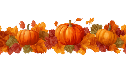 Pumpkins and autumn leaves garland, seamless pattern border isolated on transparent background. Horizontal border for design, decoration, or wallpaper template in the autumn season or halloween.