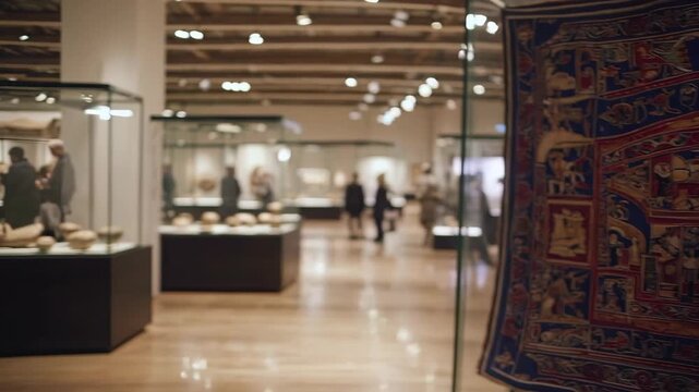 In the museum, ancient artifacts and tapestry are displayed in a glass case, with the tapestry's intricate patterns drawing visitors' attention in the museum. Visitors admire the h