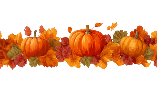 Pumpkins and autumn leaves garland, seamless pattern border isolated on transparent background. Horizontal border for design, decoration, or wallpaper template in the autumn season or halloween.