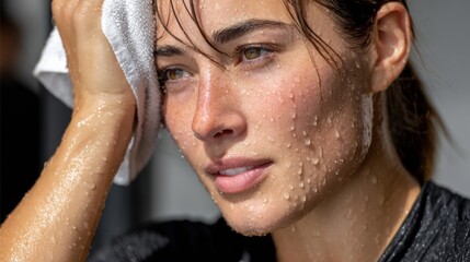 Close-up of a sweaty young woman wiping her brow with a white towel after a workout, showing effort and determination.