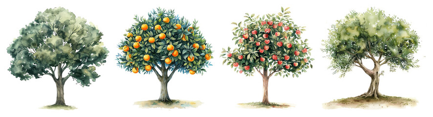 PNG Vibrant watercolor fruit trees, element set on transparent background