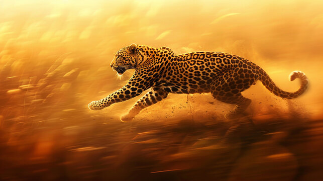 "Leopard walking gracefully through tall golden grass at sunset, symbolizing wildlife beauty, predator strength, natural camouflage, African safari adventure, wilderness exploration, wild animal behav