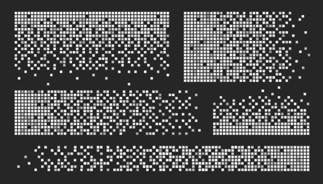 Cube pixel pattern set with white geometric dispersal effects, digital dissolution and data fragmentation for tech designs. Matrix grid backgrounds with scattered blocks. Glitch art transitions