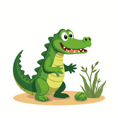 Animated alligator with charming expression, cartoon alligator posing near lush green plants. Playful alligator illustration evokes childlike wonder and fun, ideal for educational content.
